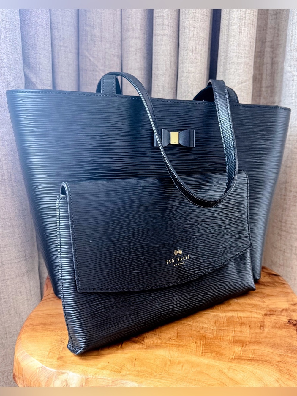 Ted Baker Black Textured Bow Tote & Matching Clutch Set EUC